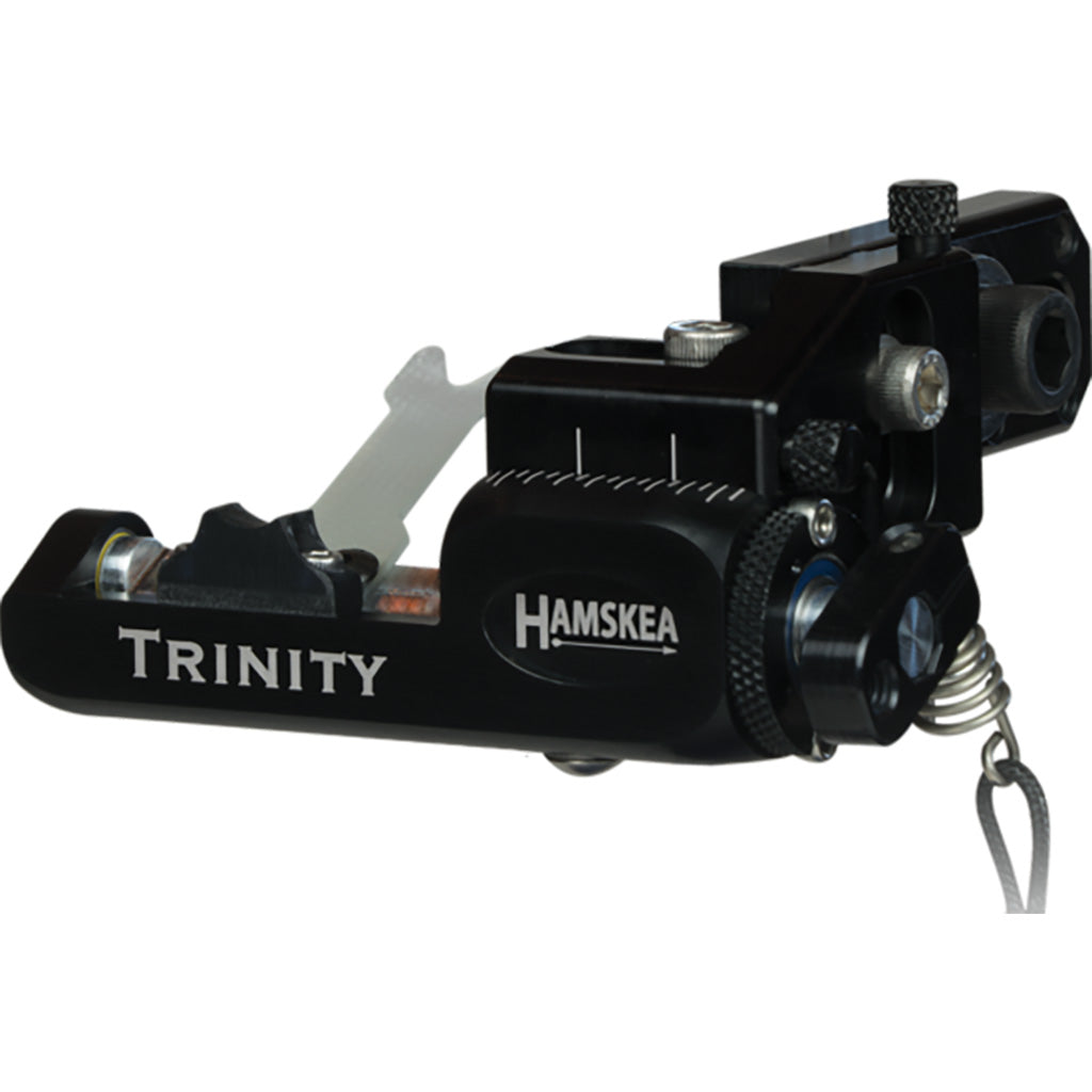 Black micro-adjust target arrow rest shown three-quarter on a white background, launcher arm raised and the windage adjustment scale visible.
