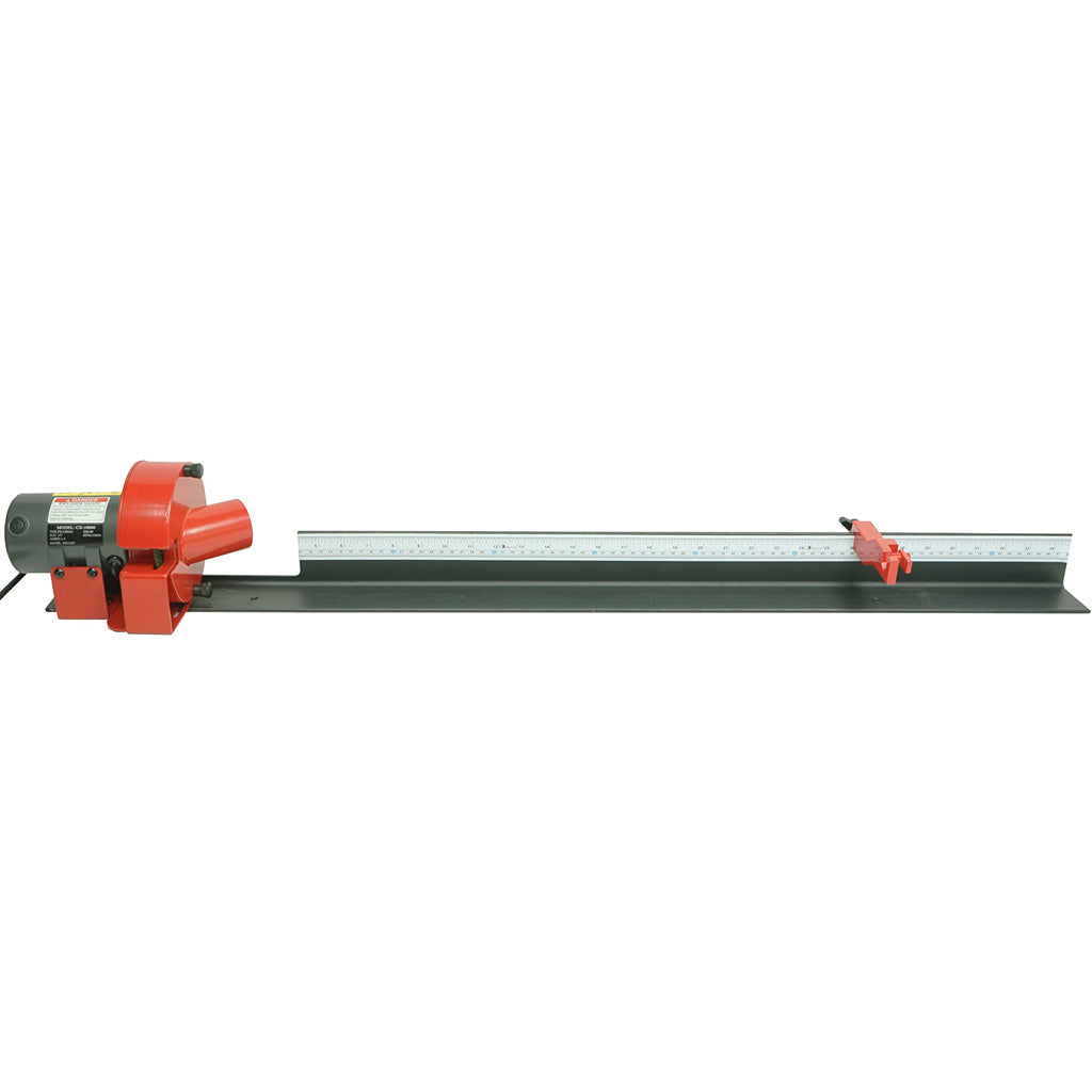 Benchtop arrow cutoff saw with a red motor housing, long aluminum measuring track and a red length stop, photographed against a white background.