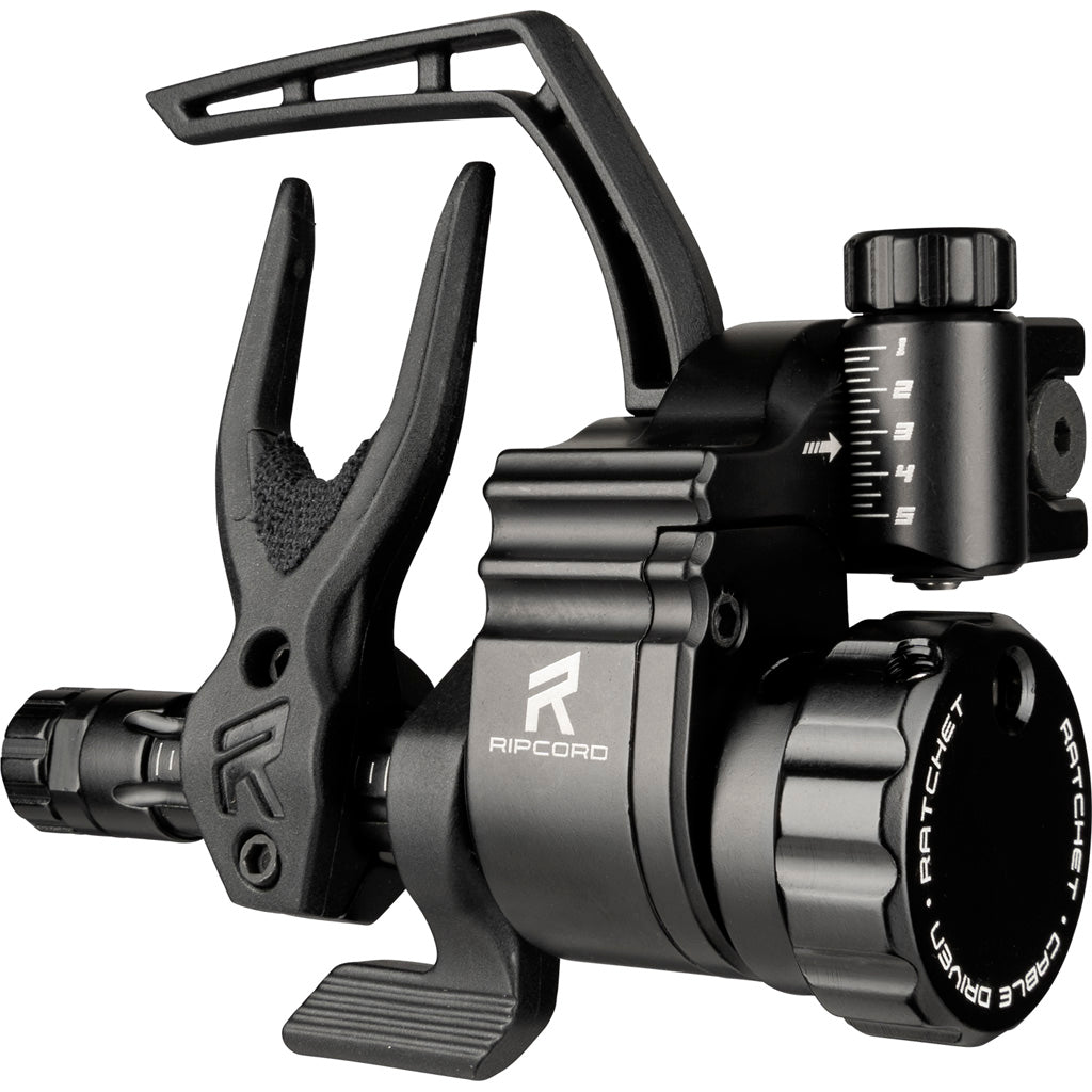 Black ratchet-style drop-away arrow rest on a white background, launcher arm raised and the mounting block facing the camera.