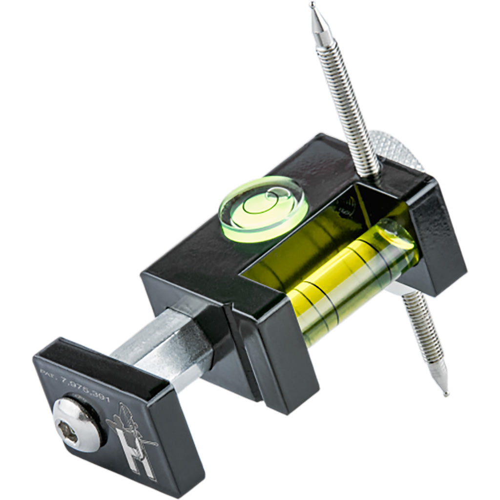 Black anodized third-axis sight level with a yellow-green bubble vial and two threaded mounting posts, photographed against a white background.