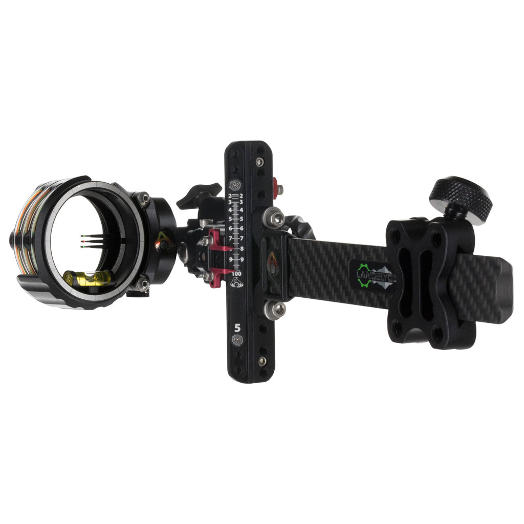 Carbon-bar slider bow sight with a black machined bracket, elevation dial and round pin housing, photographed against a white background.