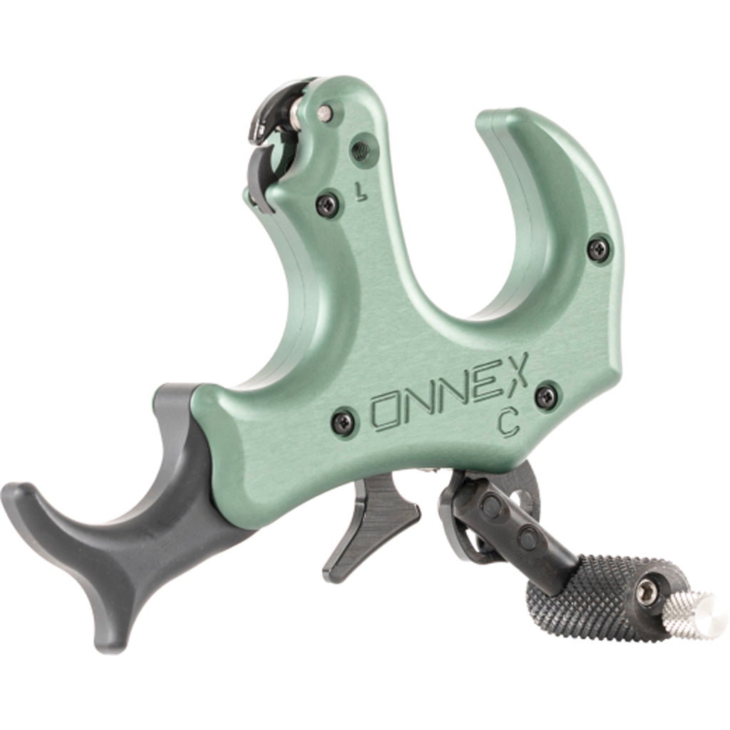 Sage-green handheld thumb release with a grey four-finger hook, a small black trigger and a knurled adjustment barrel, photographed against a white background.