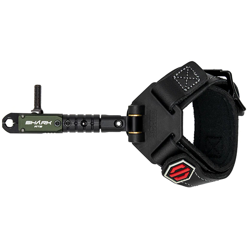 Wrist-strap release aid laid flat on a white background — a hinged black buckle strap on one end and a compact trigger head with a small hook on the other.