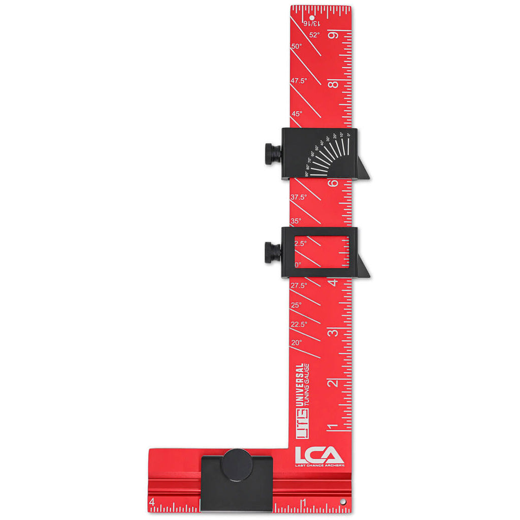 Red anodized universal tuning gauge — a graduated upright arm carrying two black sliding pointers mounted on a flat base, on a white background.