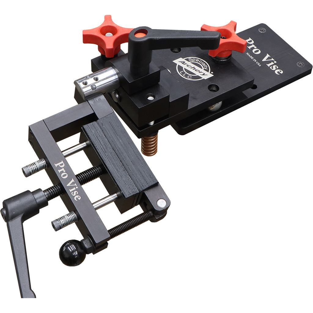 Black micro-adjust bow vise with red clamping knobs and a bench clamp screw, photographed against a white background.