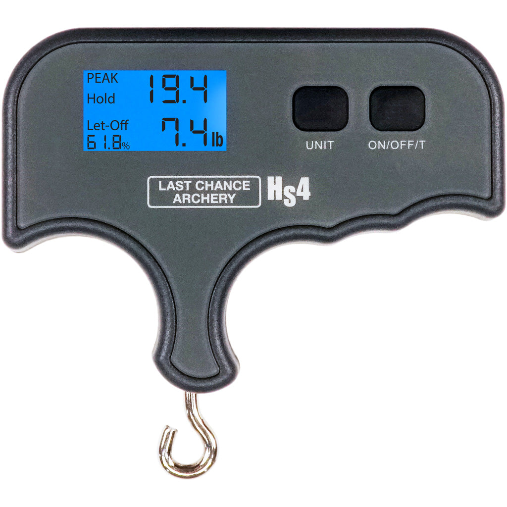 Handheld bow scale with a T-shaped grip, a blue backlit display showing peak and let-off weight, and a brass draw hook, on a white background.