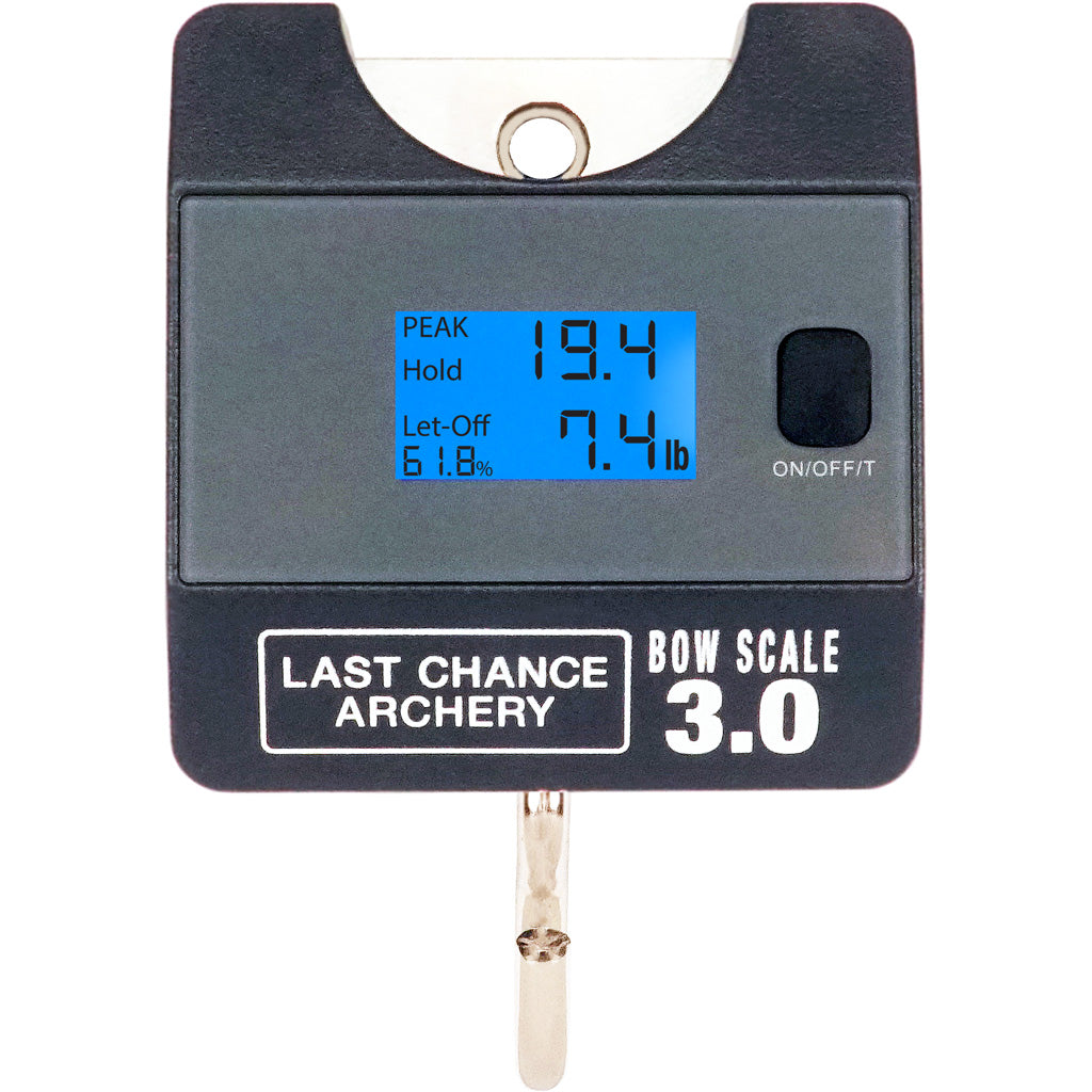 Hanging bow scale with a large blue backlit display reading peak and let-off weight, hook hanging below, photographed against a white background.