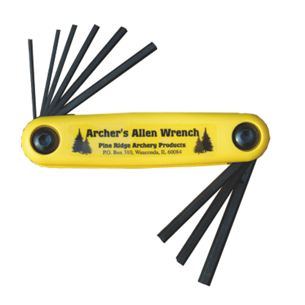 Folding archer's Allen wrench set with a yellow handle and black hex blades fanned open from both ends, photographed against a white background.