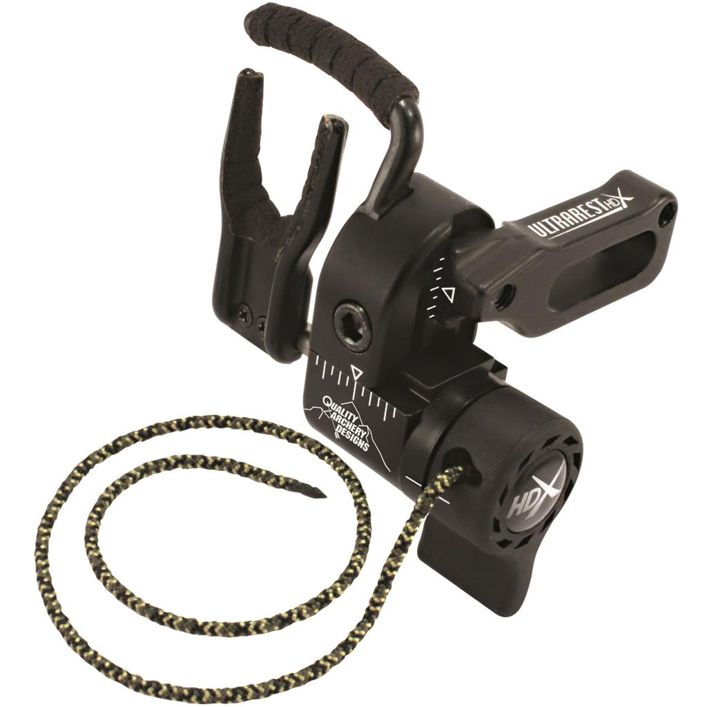 Black drop-away arrow rest with a braided cord running from the launcher arm, photographed three-quarter against a white background.
