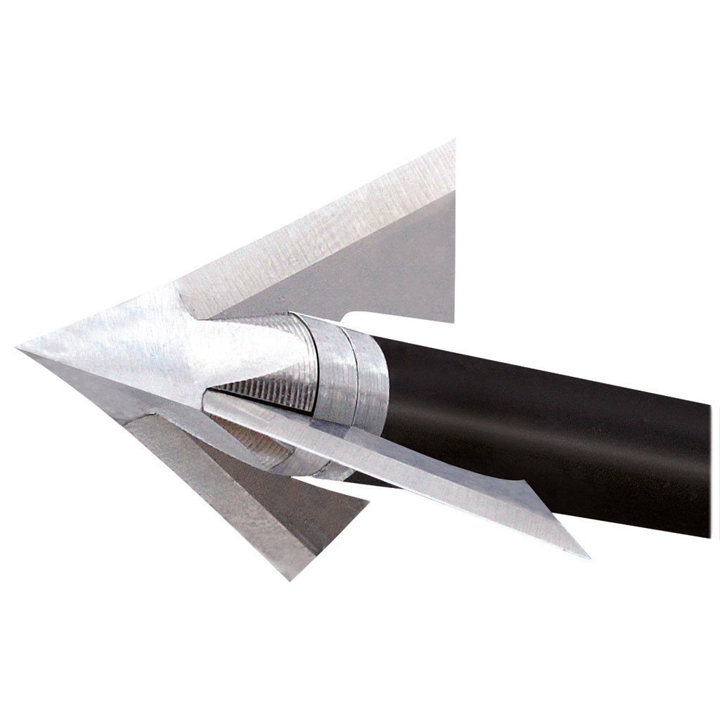 Close-up of a three-blade fixed-blade broadhead threaded onto the tip of a black carbon arrow shaft, photographed against a white background.