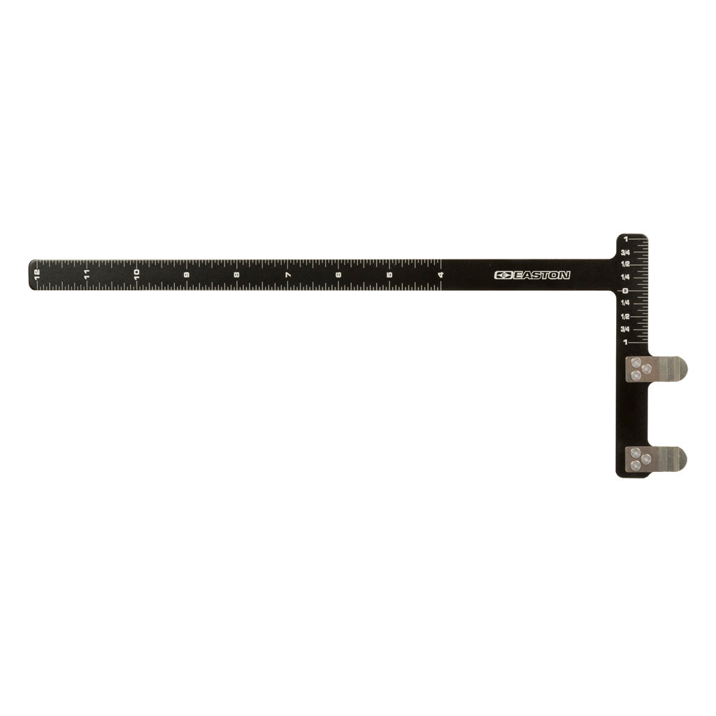 Black aluminum L-style bow square with an etched inch scale and brass string clamps at the short end, laid flat on a white background.