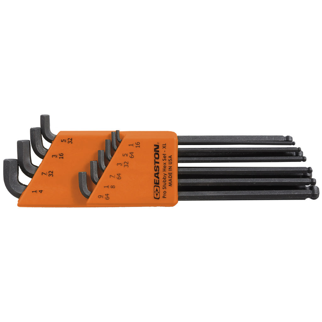 Orange-handled stubby hex key set held in a labeled orange holder, shown beside a set of long black ball-end hex keys on a white background.