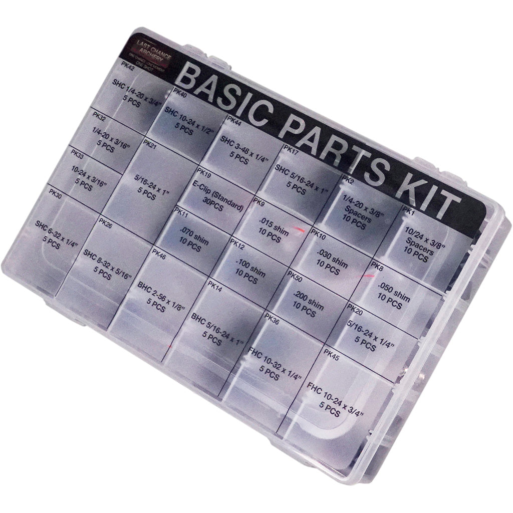 Clear compartment case labeled Basic Parts Kit, filled with sorted archery screws and small hardware in individually labeled cells, on a white background.
