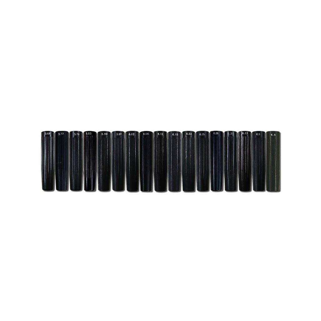 A row of black aluminum arrow outserts standing side by side on a white background, each showing a stepped collar and a threaded point end.