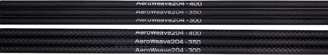 A standing bundle of black carbon arrow shafts photographed against a white background, with printed spine and size markings visible on the shafts.